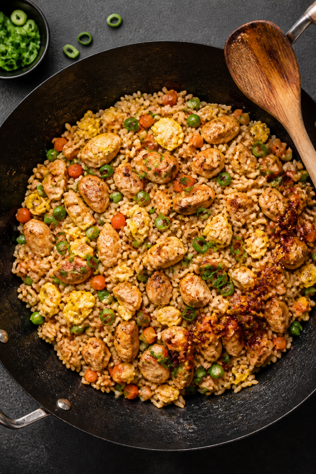 Tasty top view: Overhead shot of Protein Packed Chicken Fried Rice just finished in the wok, evenly 