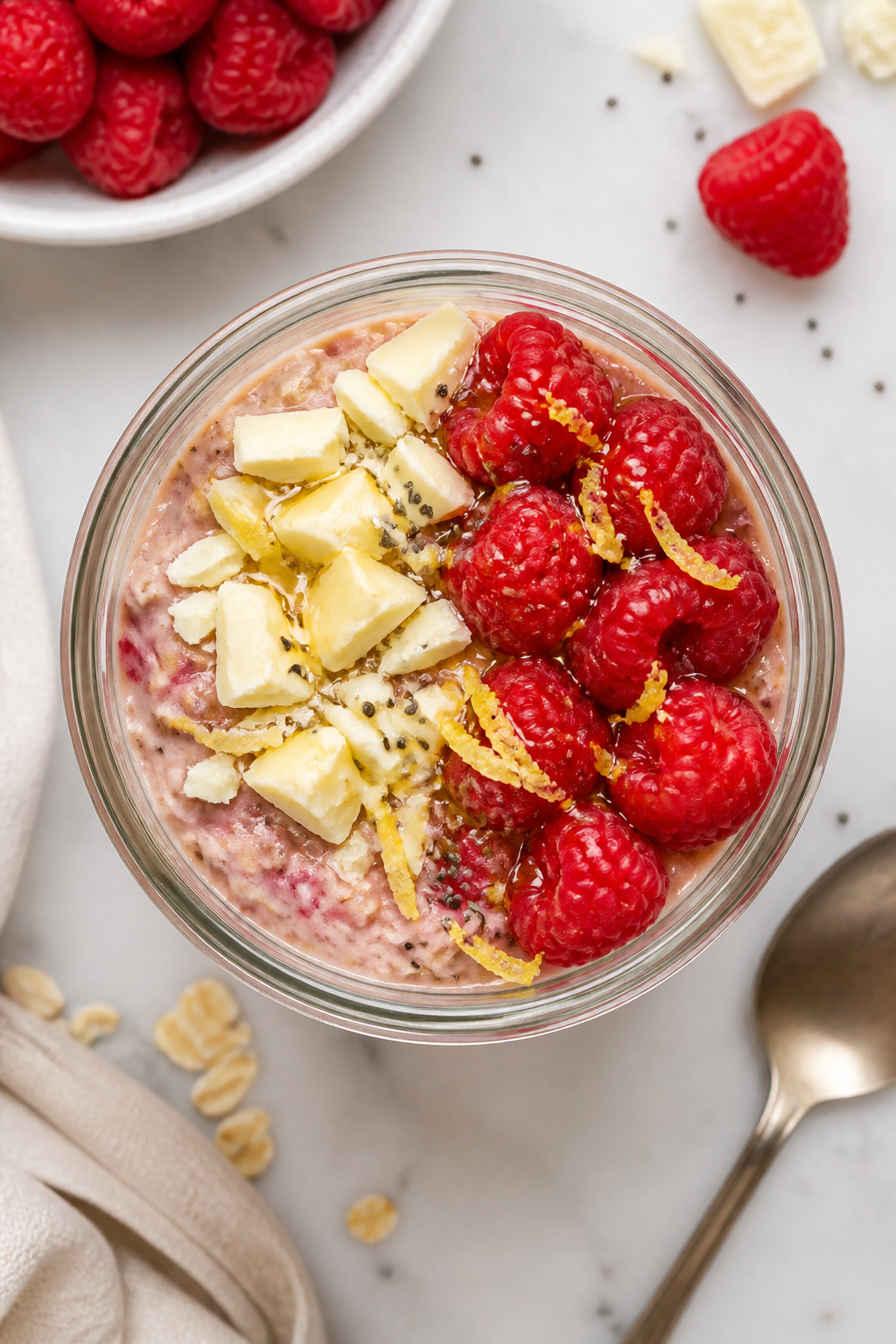 Tasty top view: Overhead shot of Raspberry White Chocolate High Protein Overnight Oats just out of t