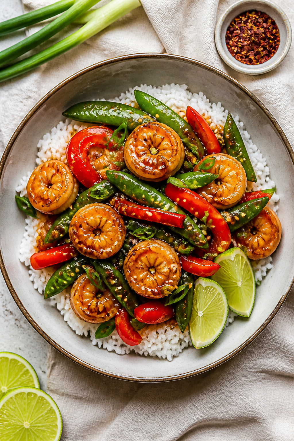 Tasty top view: Overhead shot of Shrimp Protein Stir Fry spooned over fluffy jasmine rice in a wide,