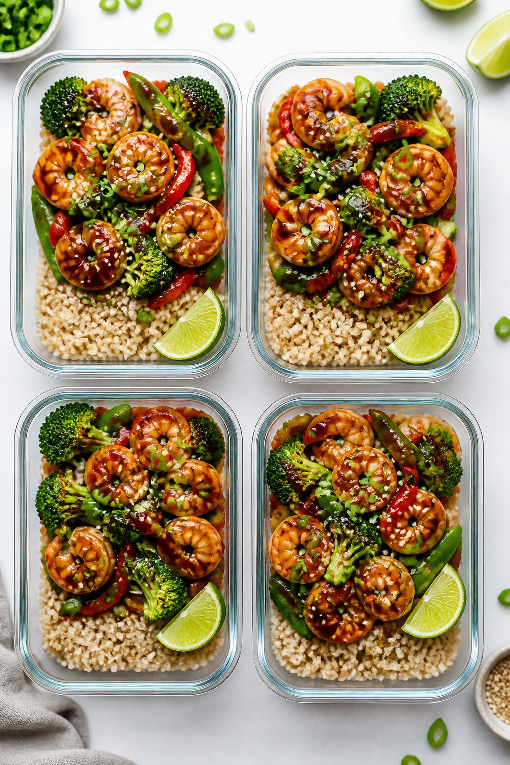 Tasty top view: Overhead shot of shrimp teriyaki meal prep containers arranged grid-style; each cont