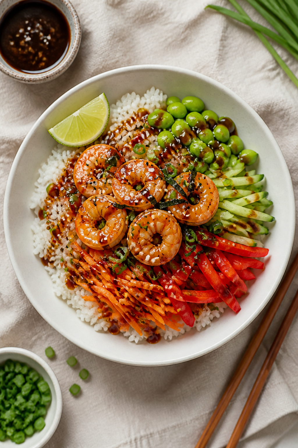 Tasty top view: Overhead shot of Teriyaki Shrimp Protein Rice Bowl—fluffy jasmine rice base topped