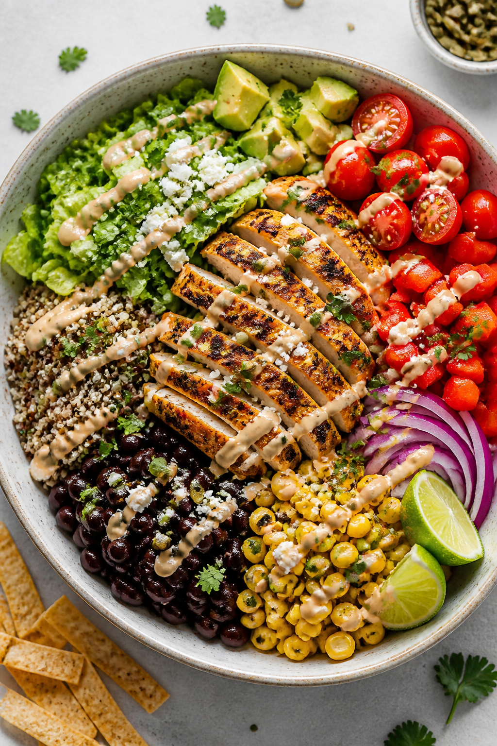 Tasty top view: Overhead shot of the assembled Chipotle Chicken Protein Salad in a wide, shallow cer