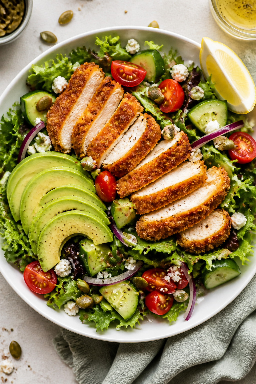Tasty top view: Overhead shot of the assembled Crispy Chicken Avocado Salad in a wide white bowl—m