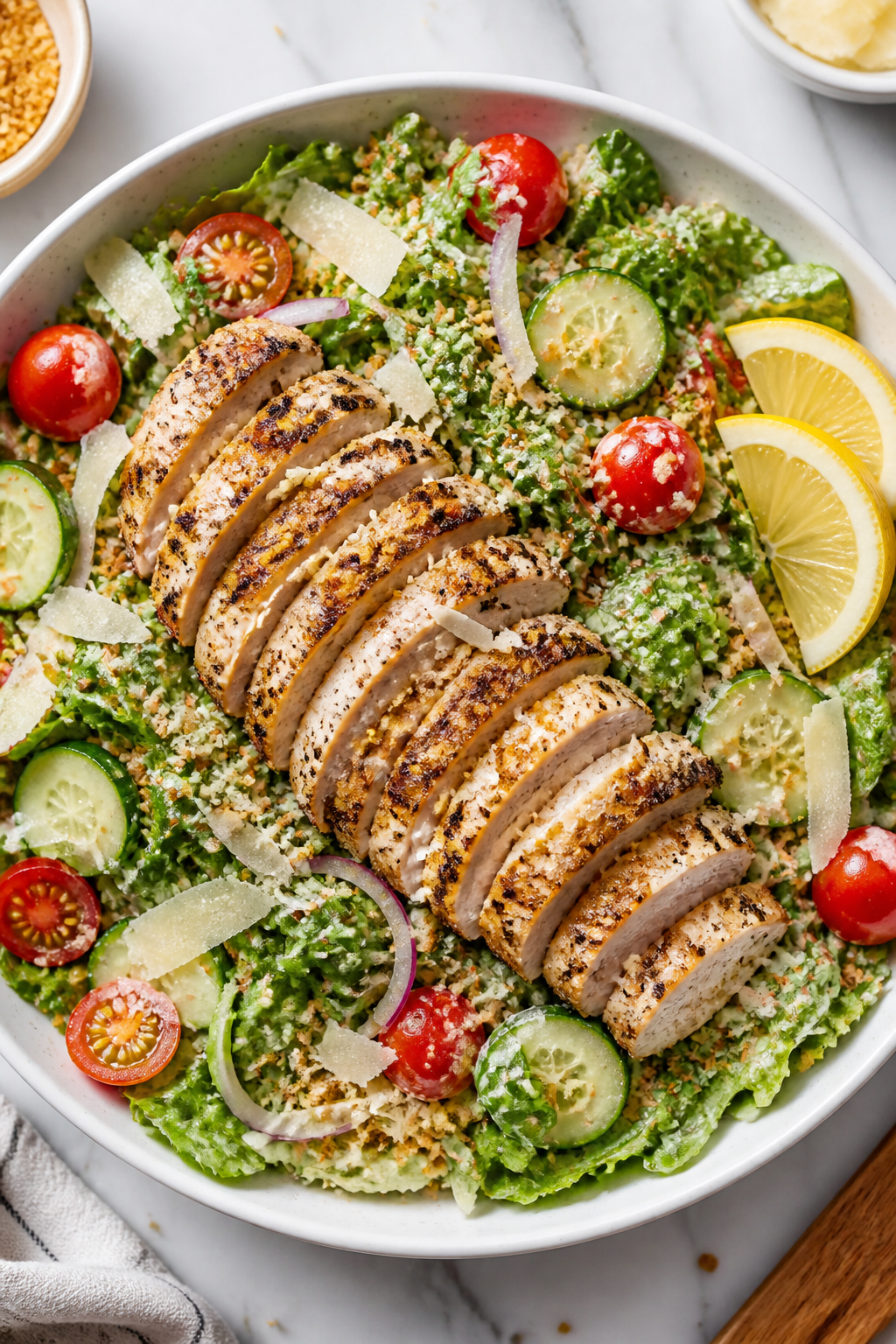 Tasty top-view: Overhead shot of the assembled Garlic Parmesan Chicken Salad in a wide, shallow whit