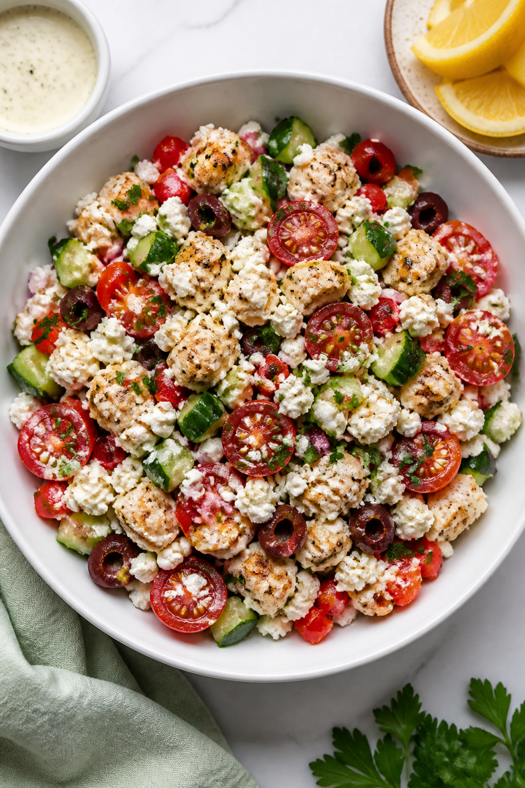 Tasty top view: Overhead shot of the assembled Greek Chicken Cottage Cheese Salad in a large white c