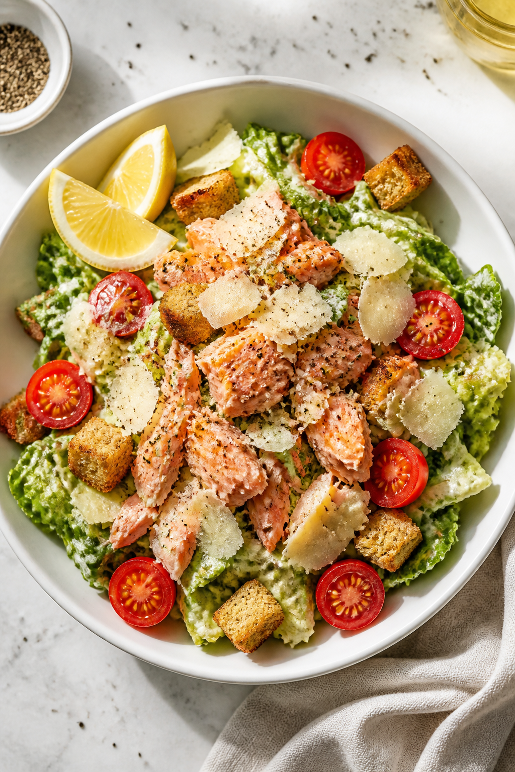 Tasty top view: Overhead shot of the assembled High Protein Salmon Caesar Salad in a wide, shallow w