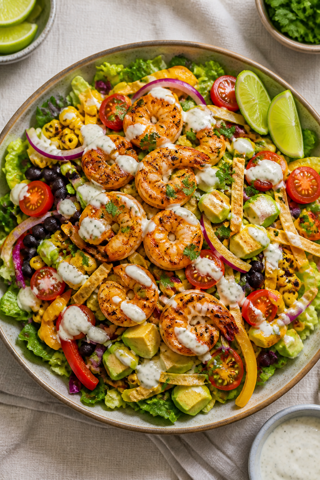 Tasty top view: Overhead shot of the assembled Spicy Shrimp Taco Salad in a wide shallow bowl—cris