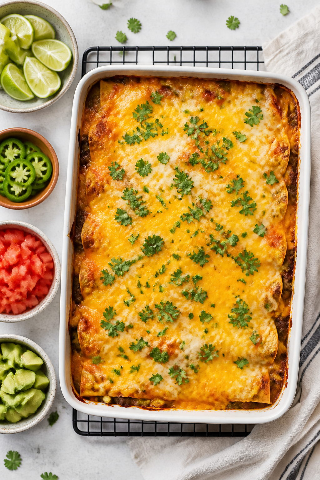 Tasty top view: Overhead shot of the baked 9x13 casserole just out of the oven, cheese blanket deepl