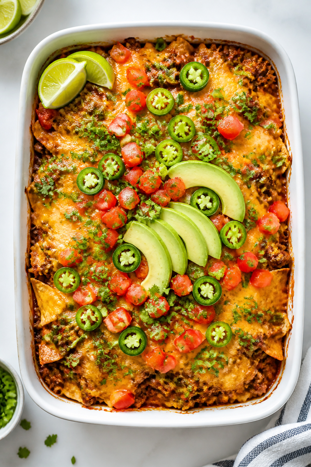 Tasty top view: Overhead shot of the baked ground beef taco casserole just out of the oven in a 9x13