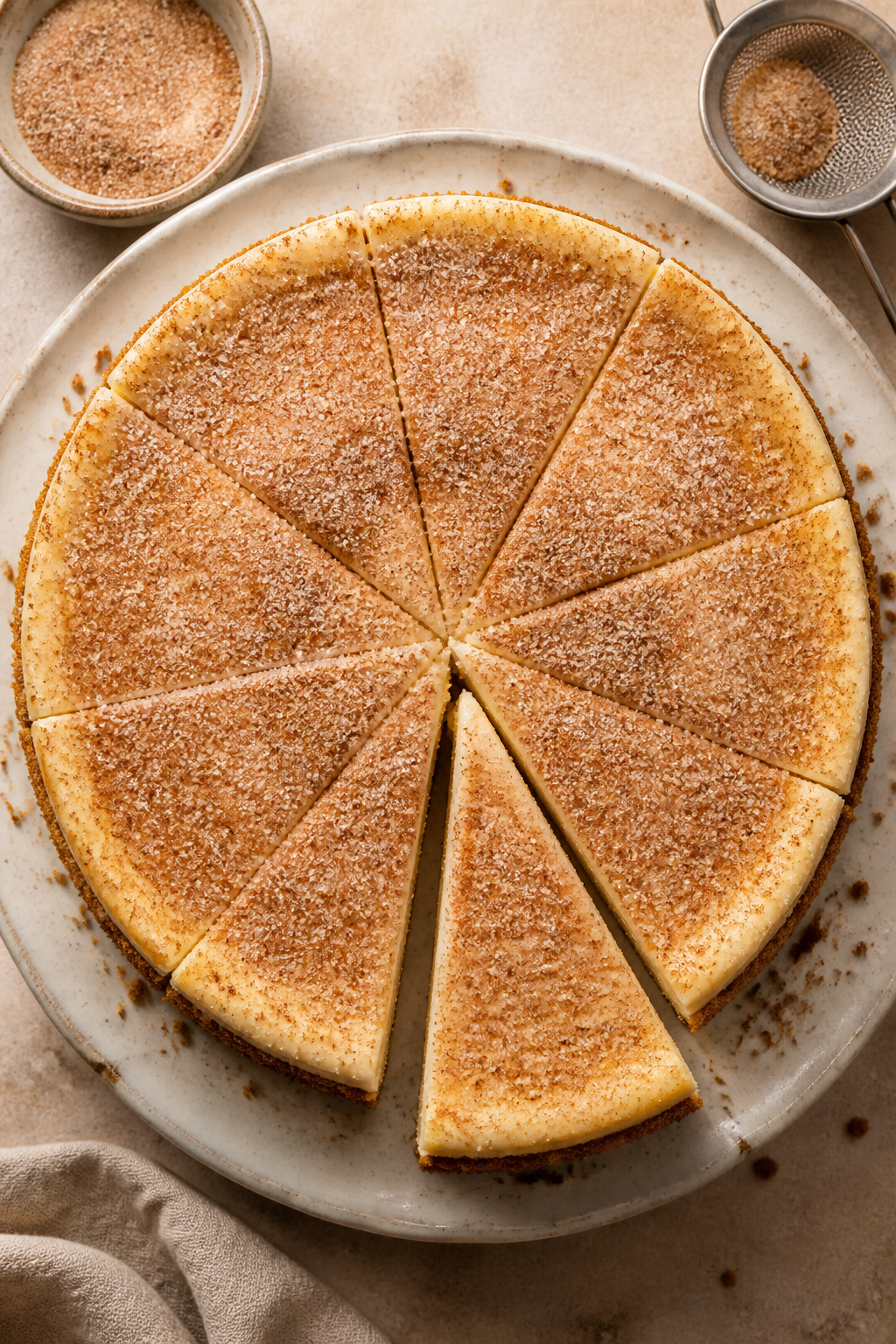 Tasty top view: Overhead shot of the chilled cheesecake on a cake stand just after sprinkling the sp