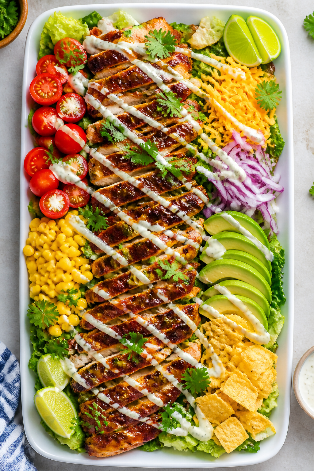 Tasty top view: Overhead shot of the final Honey BBQ Chicken Ranch Salad arranged on a wide white pl