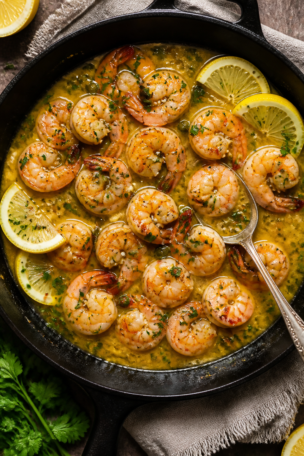 Tasty top view: Overhead shot of the final lemon garlic shrimp skillet just after deglazing—shrimp