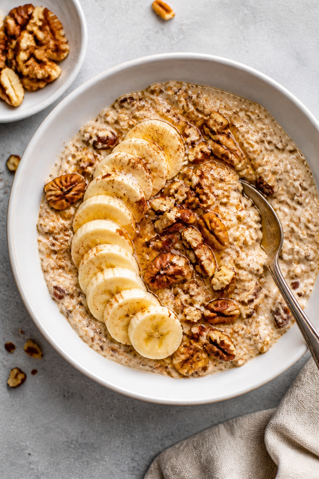 Tasty top view: Overhead shot of the final plated Banana Bread High Protein Overnight Oats in a wide