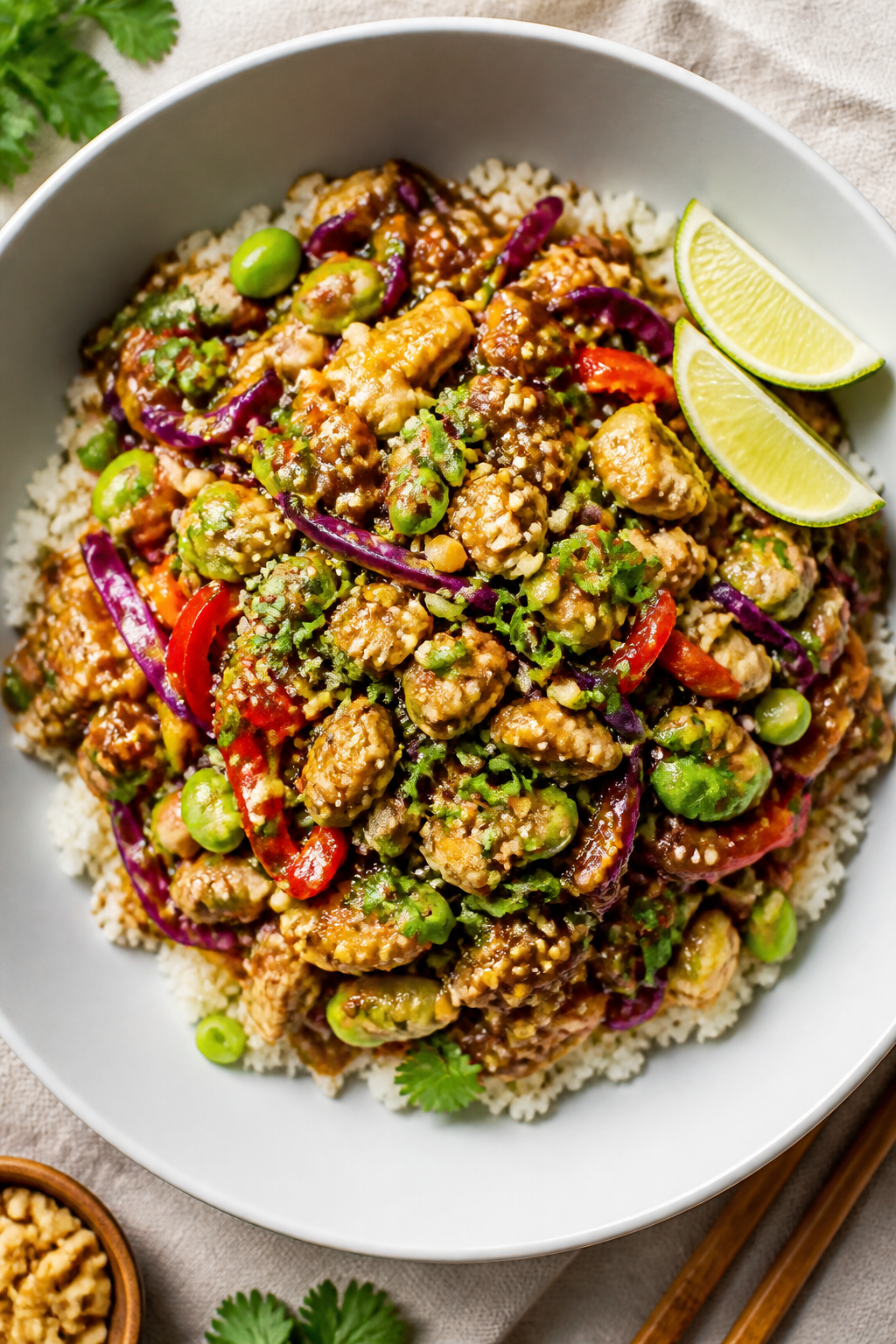 Tasty top view — Overhead shot of the finished Egg Roll Salad Bowl served over cauliflower rice: v
