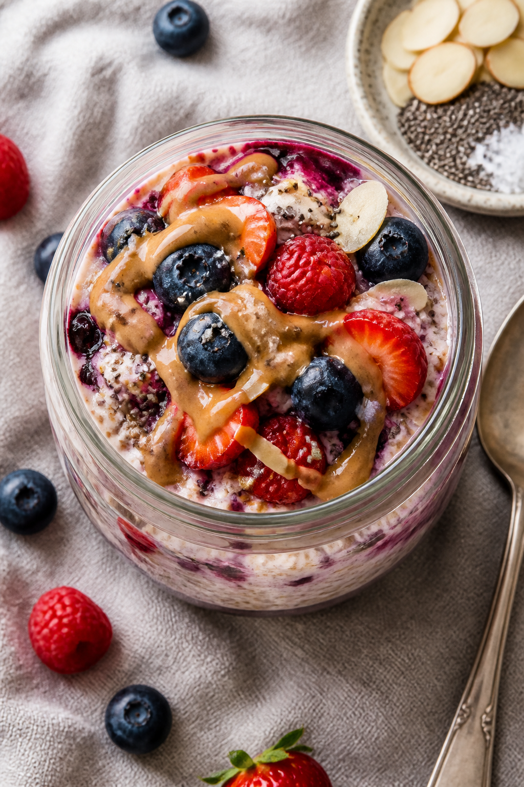 Tasty top view: Overhead shot of the finished Mixed Berry High Protein Overnight Oats in a wide-mout