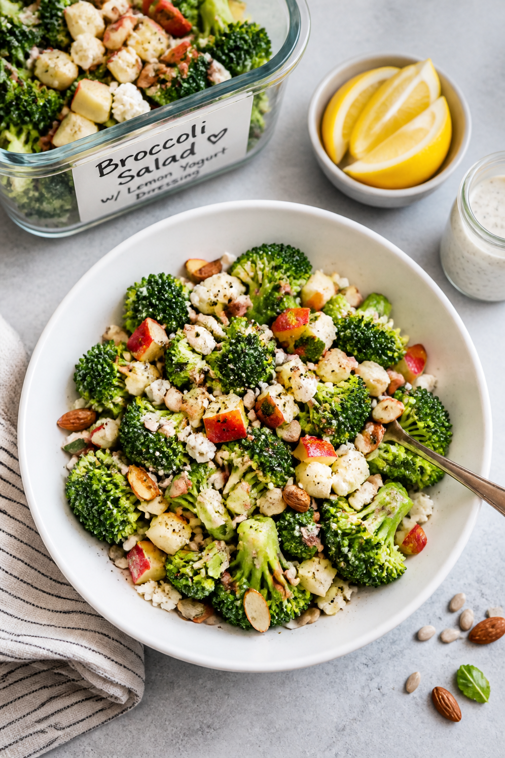 Tasty top view: Overhead shot of the finished salad portioned into a wide, shallow white bowl, final
