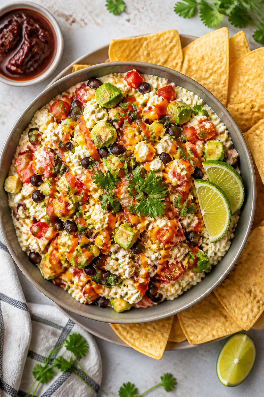 Tasty top view: Overhead shot of the finished Spicy Southwest Cottage Cheese Salad served as a vibra