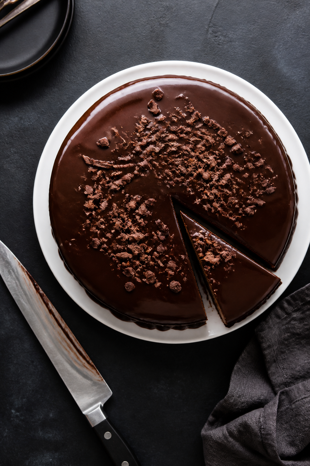 Tasty top view: Overhead shot of the freshly chilled Triple Chocolate Cheesecake just after the shin