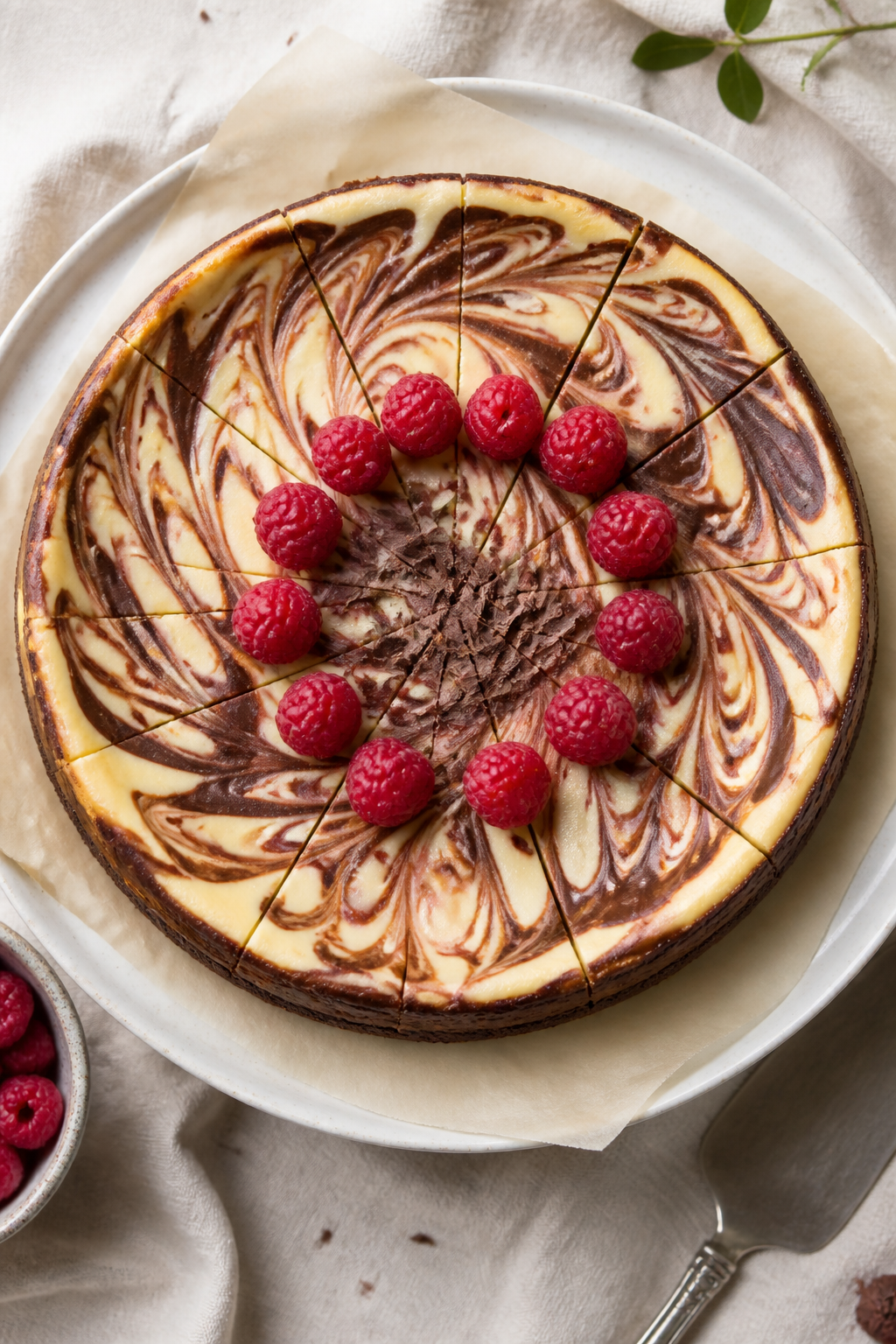 Tasty top view: Overhead shot of the fully baked and chilled cheesecake on a parchment-lined cake st