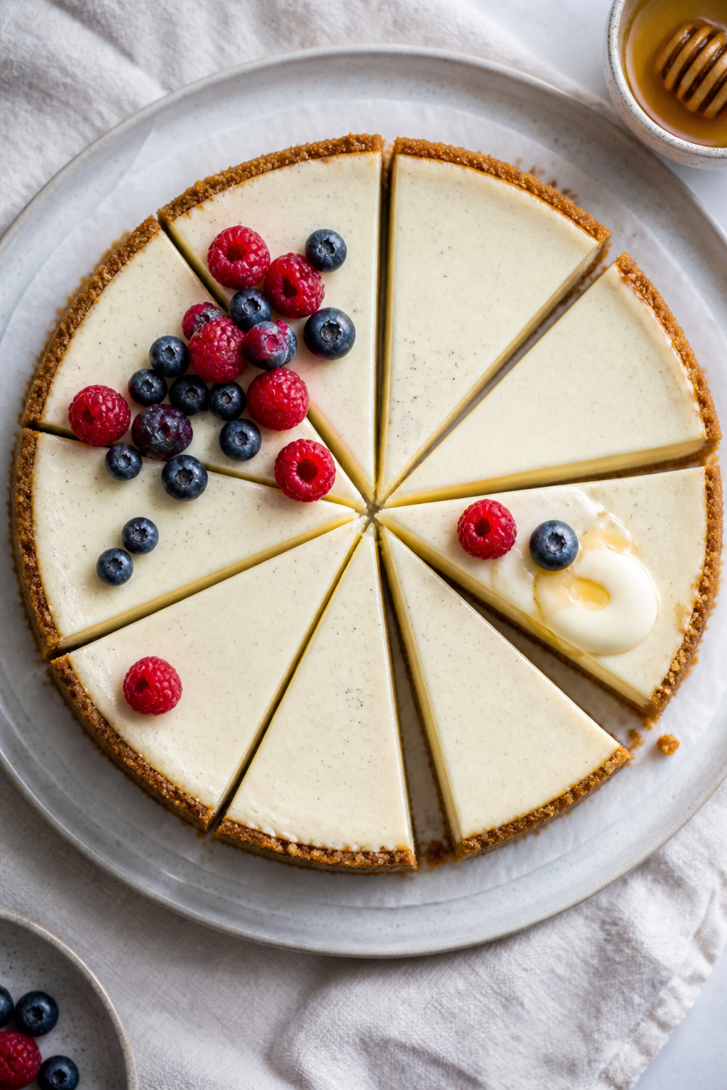 Tasty top view: Overhead shot of the fully chilled cheesecake on parchment-lined base, clean, precis