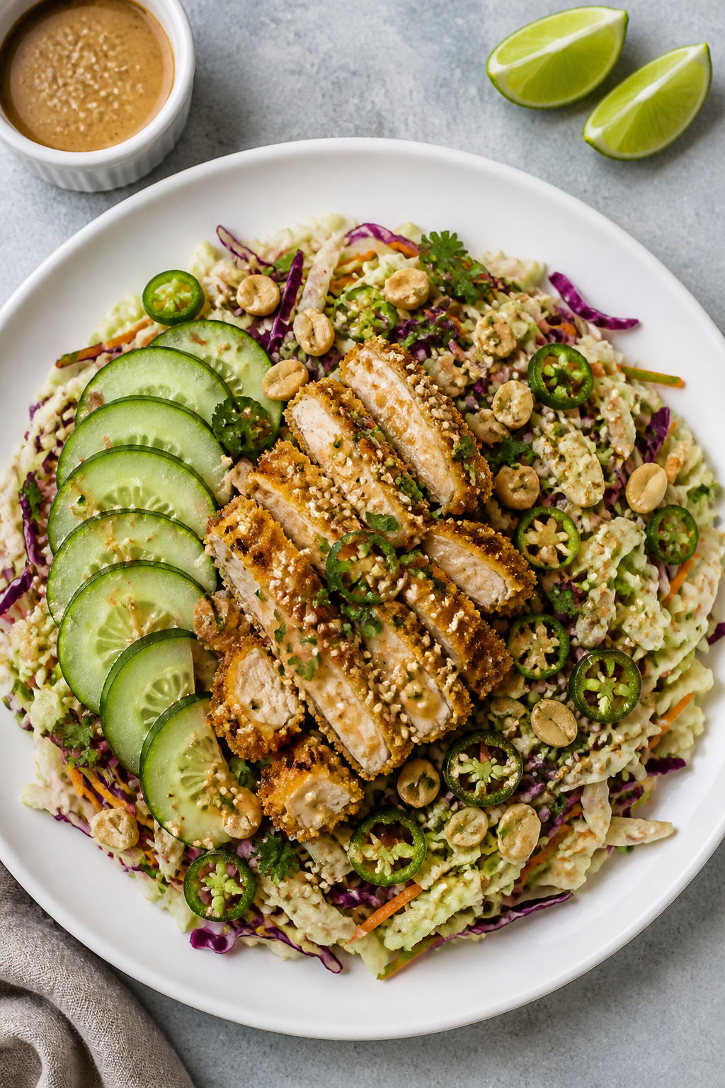 Tasty top view: Overhead shot of the fully plated Crunchy Asian Chicken Protein Salad on a wide whit