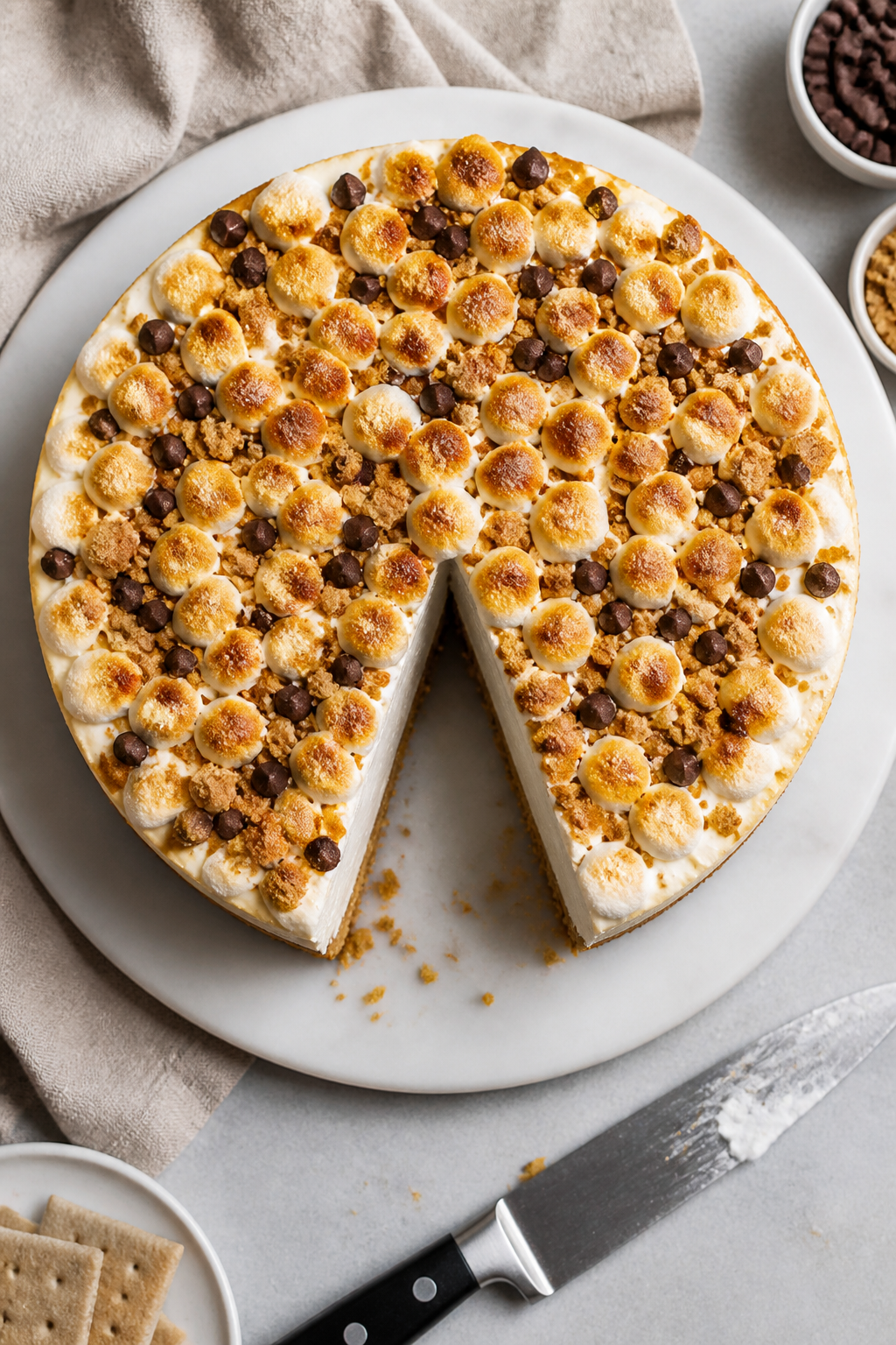 Tasty top-view: Overhead shot of the whole cheesecake on a simple cake stand, marshmallow topping to