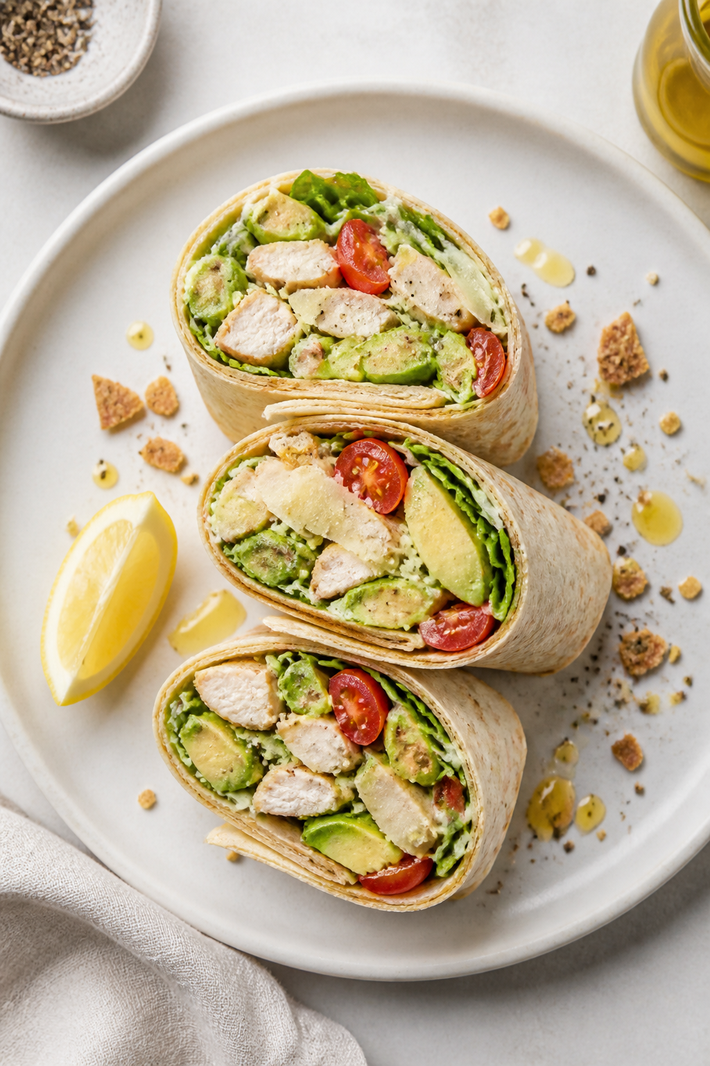 Tasty top view: Overhead shot of two finished Chicken Caesar Protein Wraps halved and arranged in a 