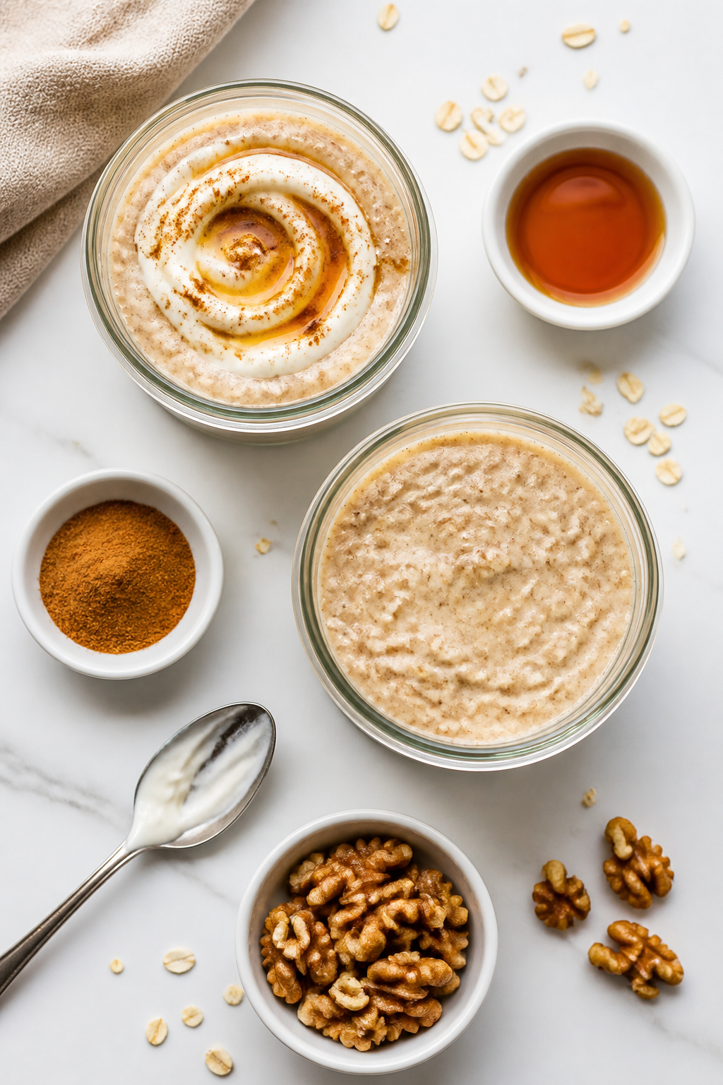 Tasty top view: Overhead shot of two meal-prep jars filled with the finished overnight oats, one sti