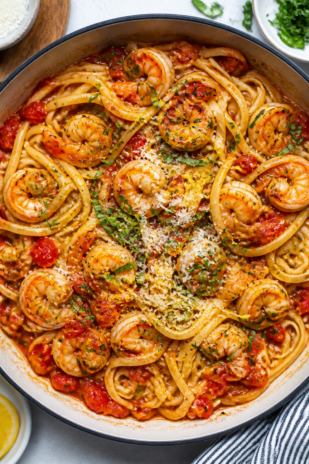 Tasty top view — Sauce and pasta toss: Overhead shot of high-protein pasta just added to a bright 