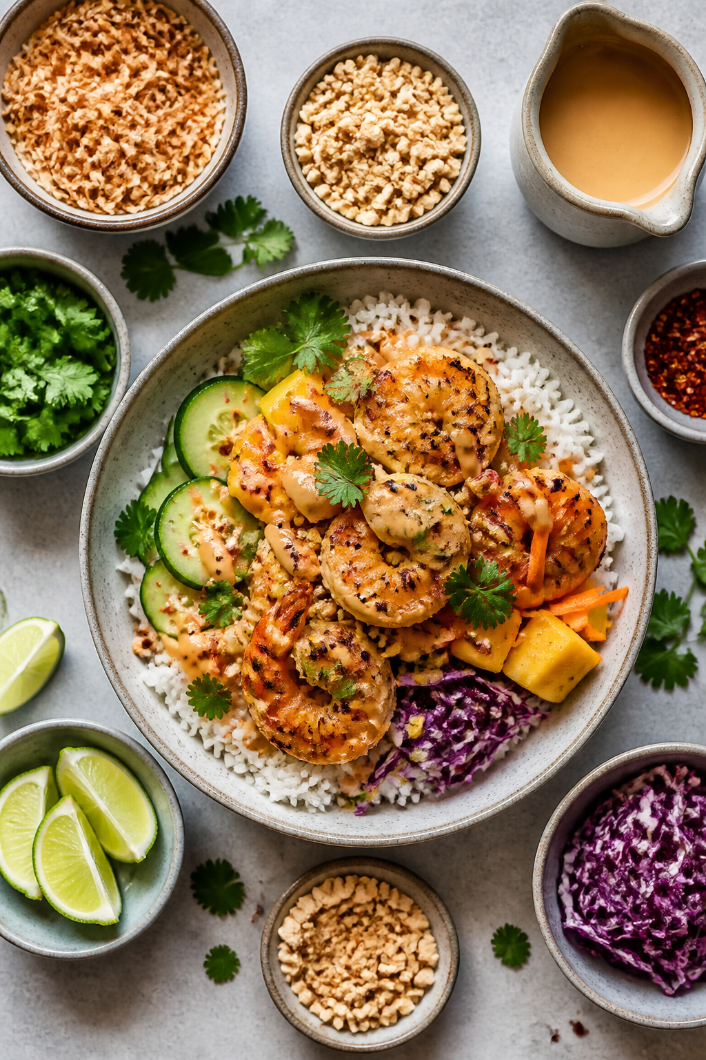 Top-down assembly — tasty overhead shot: Overhead shot of a build-your-own bowl spread: a central
