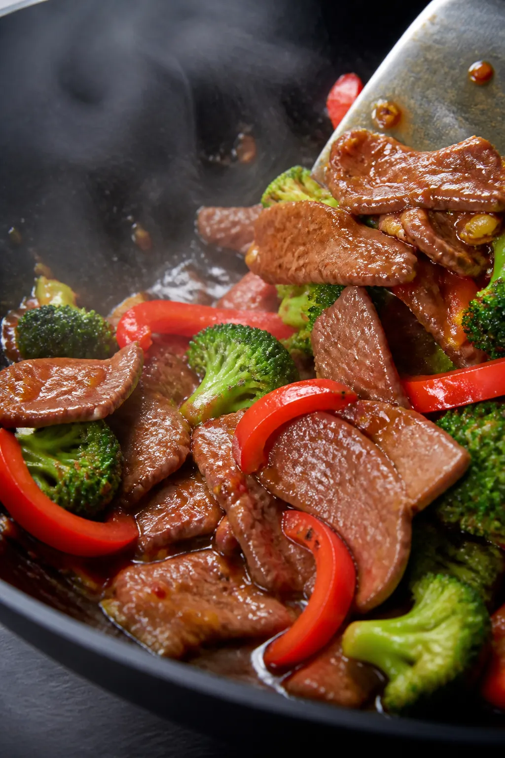 Close-up action shot of seared Mongolian beef slices being tossed back into a glossy, thickened sauc