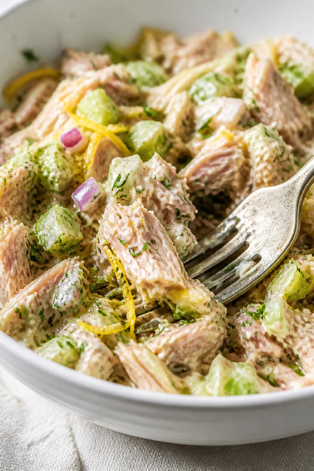 Close-up detail: A bowl of prepared Lemon Herb Tuna Salad mid-mix, fork gently folding visible tuna 
