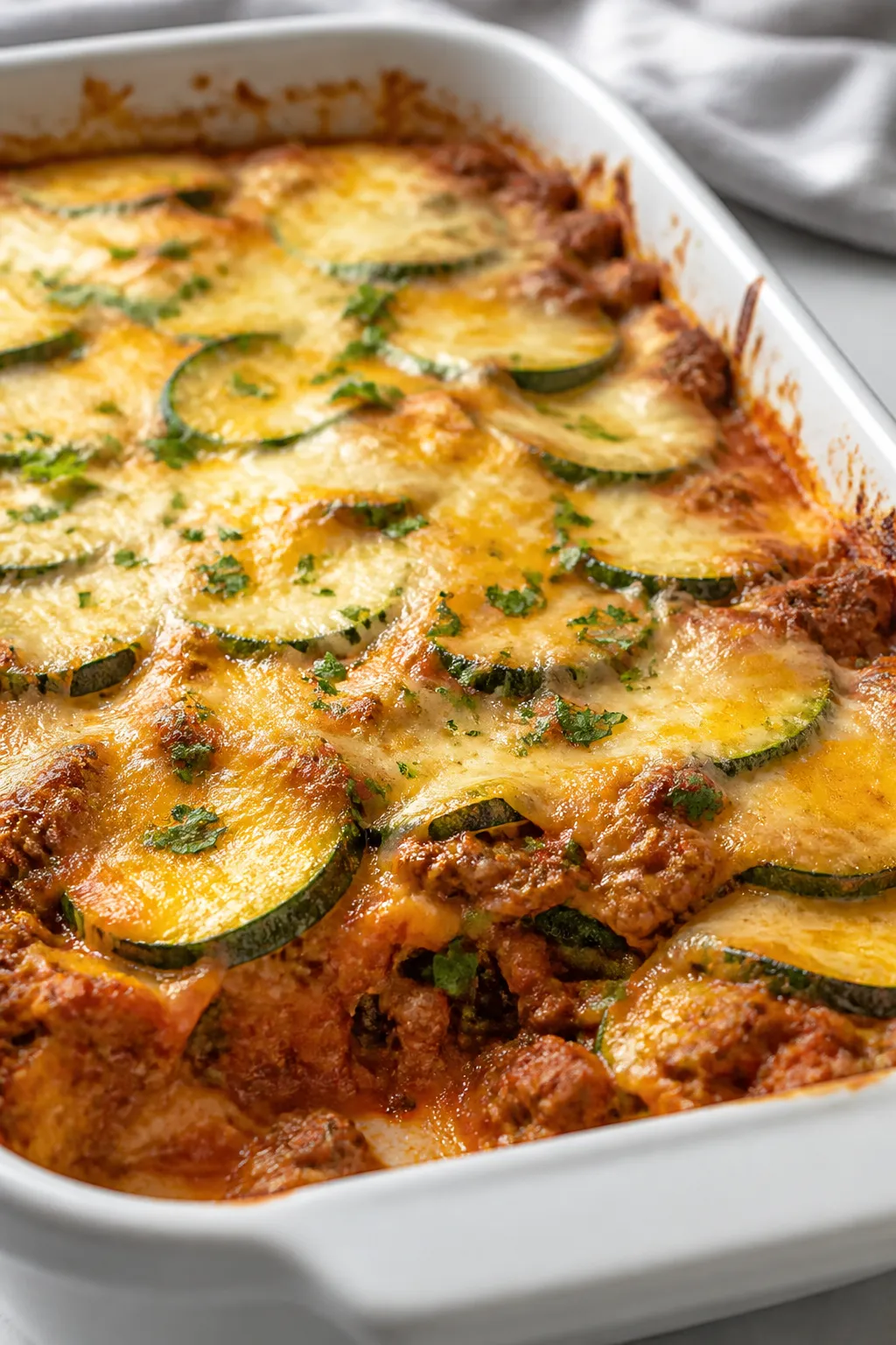 Close-up detail: A bubbling, just-uncovered Low Carb Beef Enchilada Bake in a 9x13 white ceramic cas