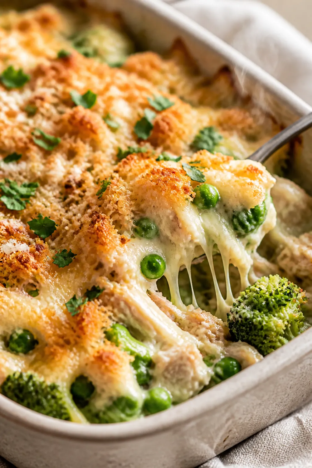 Close-up detail: A bubbling tuna pasta bake just out of the oven, tight crop on gooey mozzarella-che