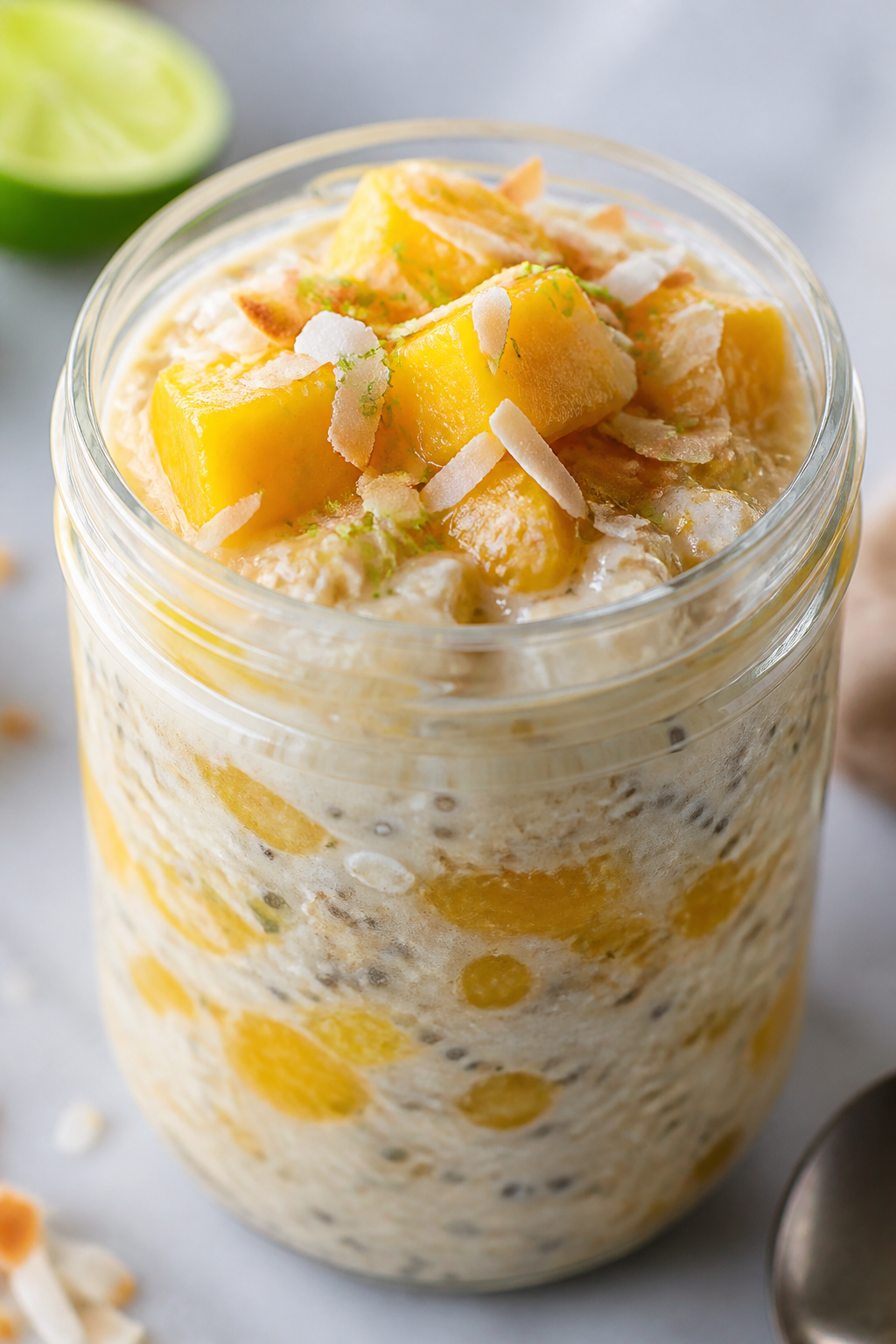 Close-up detail: A chilled jar of Mango Coconut Protein Overnight Oats just stirred in the morning,