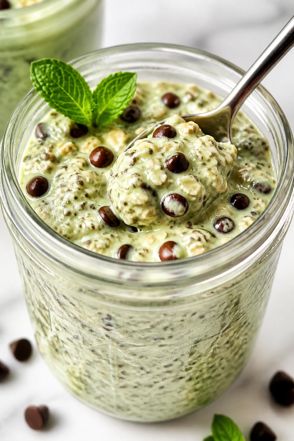 Close-up detail: A chilled jar of mint chocolate chip protein overnight oats just stirred, spoon sco