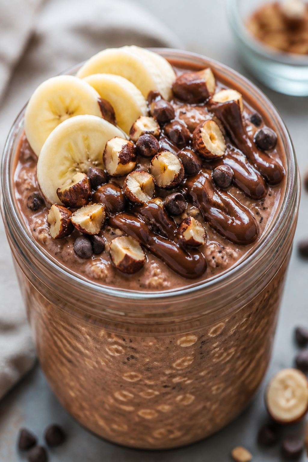 Close-up detail: A chilled jar of Nutella Protein Overnight Oats just stirred and ready to eat, show