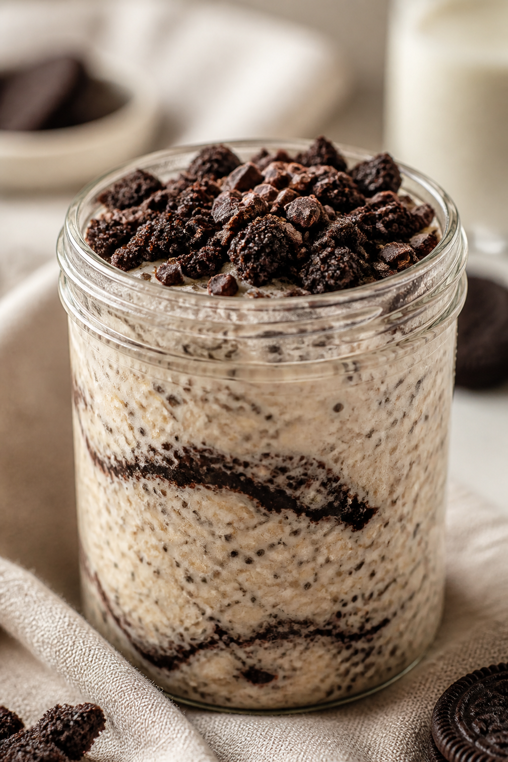 Close-up detail: A chilled jar of Oreo Protein Overnight Oats just stirred in the morning, ultra-cre
