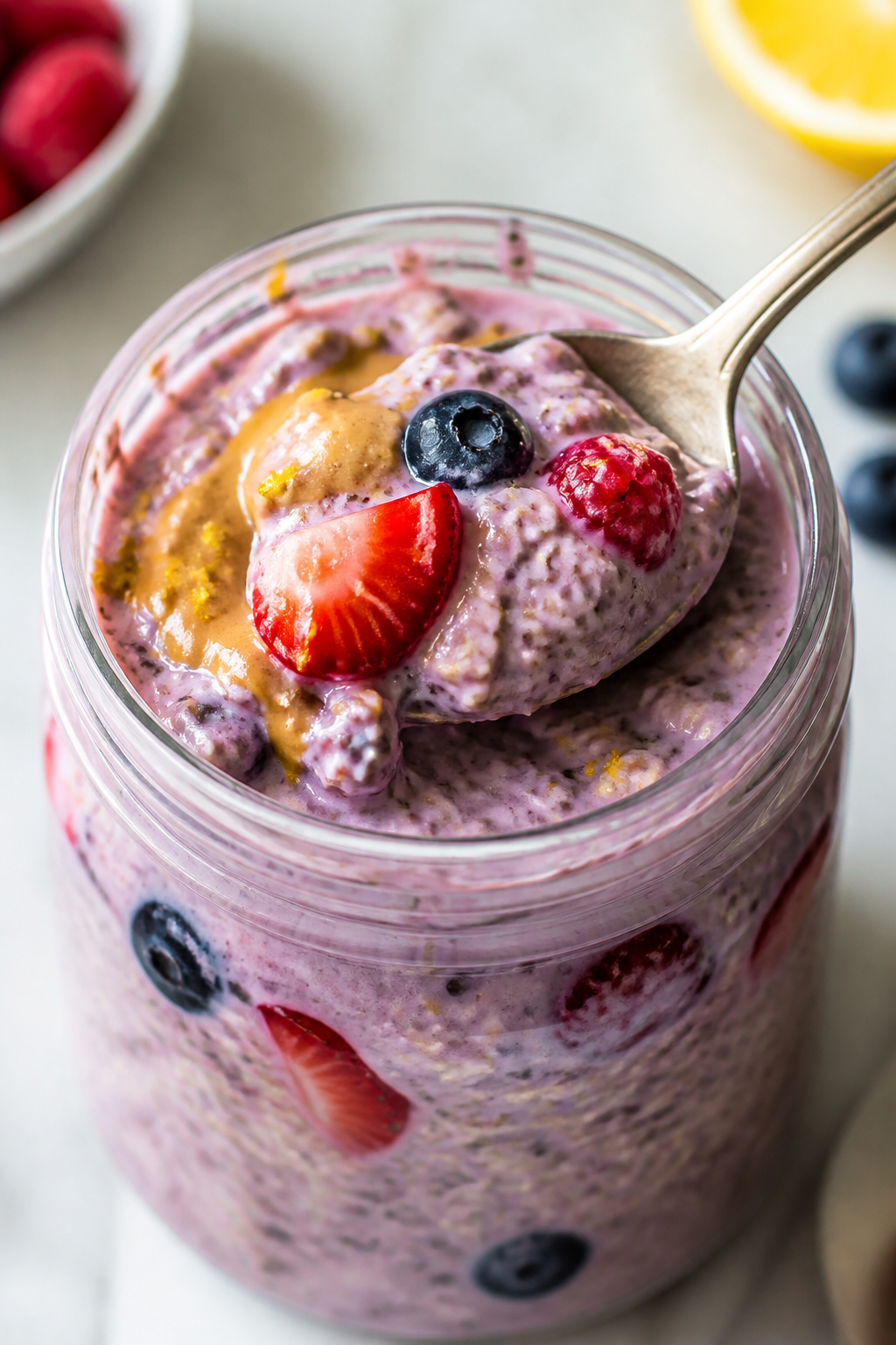 Close-up detail: A chilled jar of triple berry protein overnight oats just after the morning stir, s