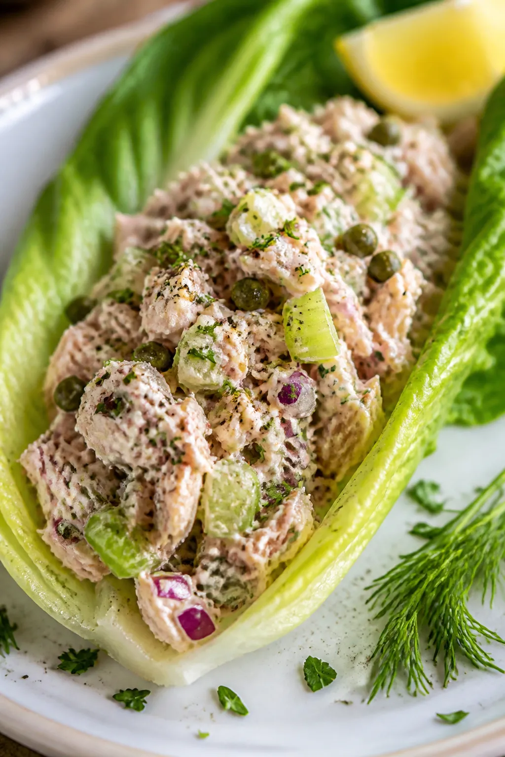 Close-up detail: A chilled romaine lettuce cup filled with chunky tuna salad—visible flakes of tun