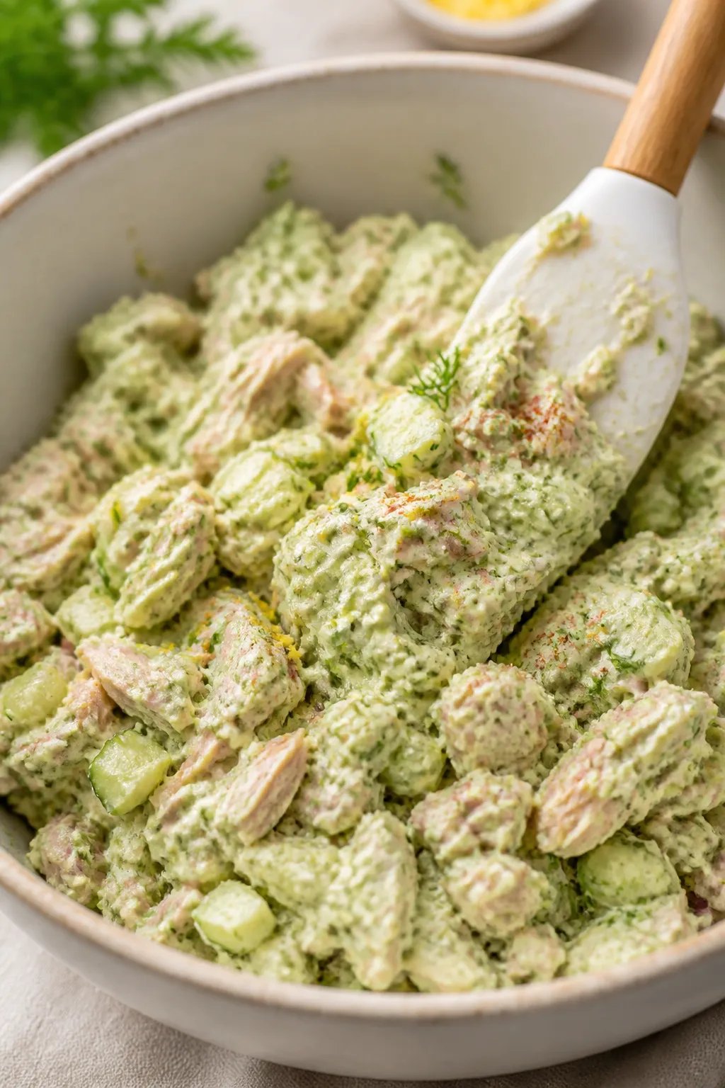 Close-up detail: a creamy bowl of prepared Avocado Tuna Protein Salad being gently folded with a spa