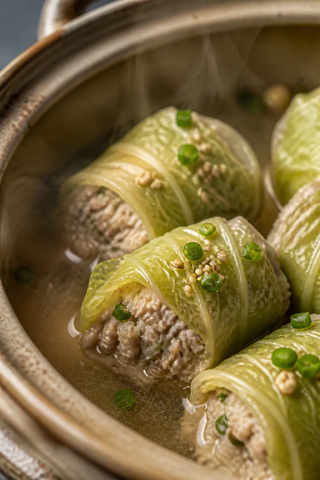 Close-up detail: A few cabbage-wrapped dumplings just lifted from a gentle chicken broth simmer, sea