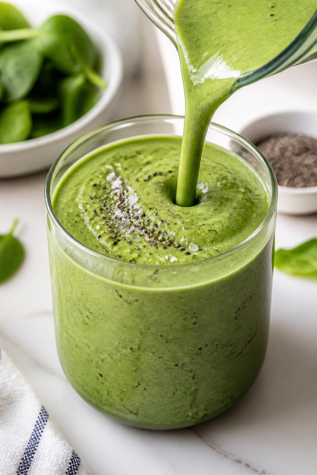 Close-up detail: A freshly blended high-protein green smoothie being poured in a smooth ribbon into
