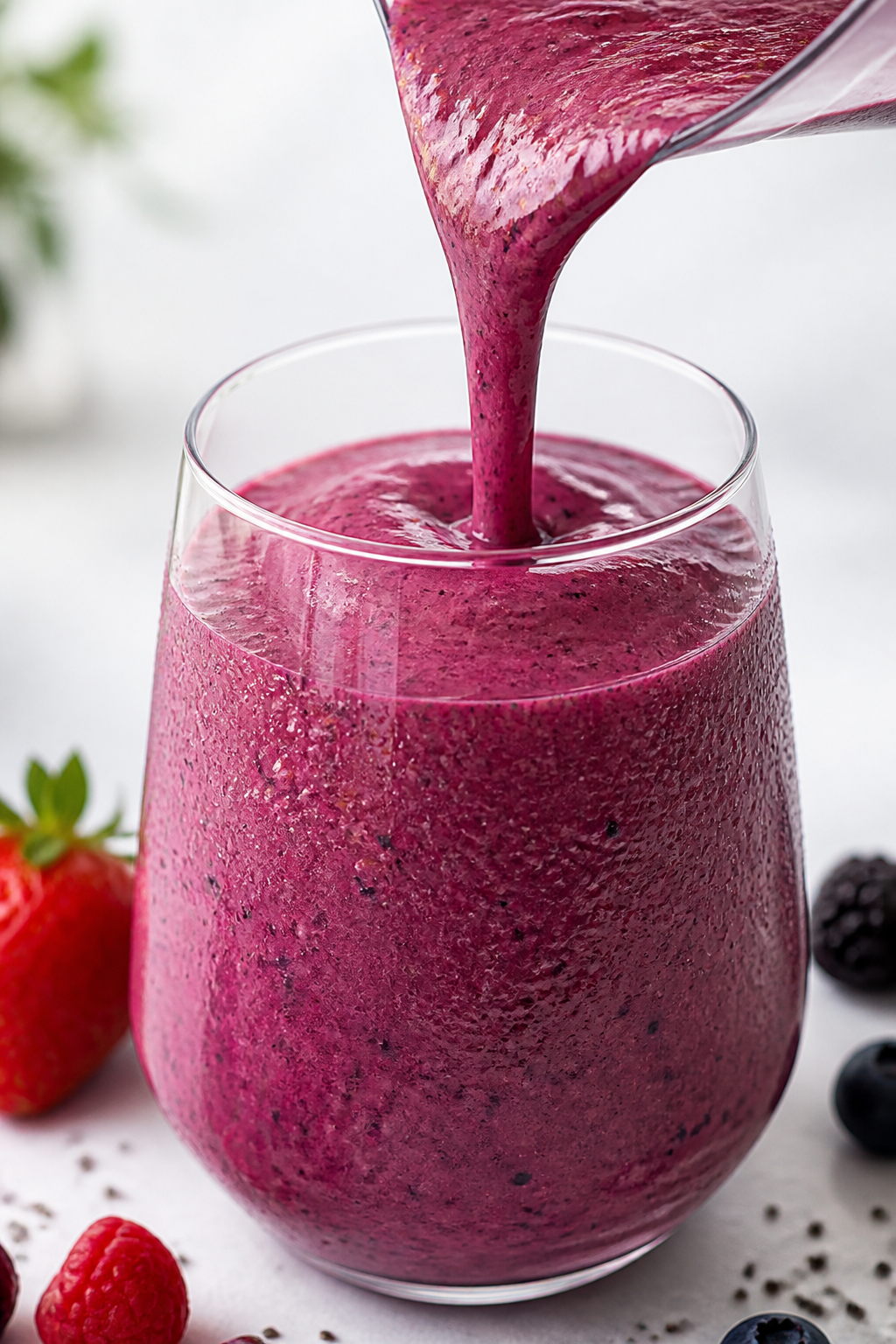 Close-up detail: A freshly blended mixed berry protein smoothie being poured in a silky ribbon into