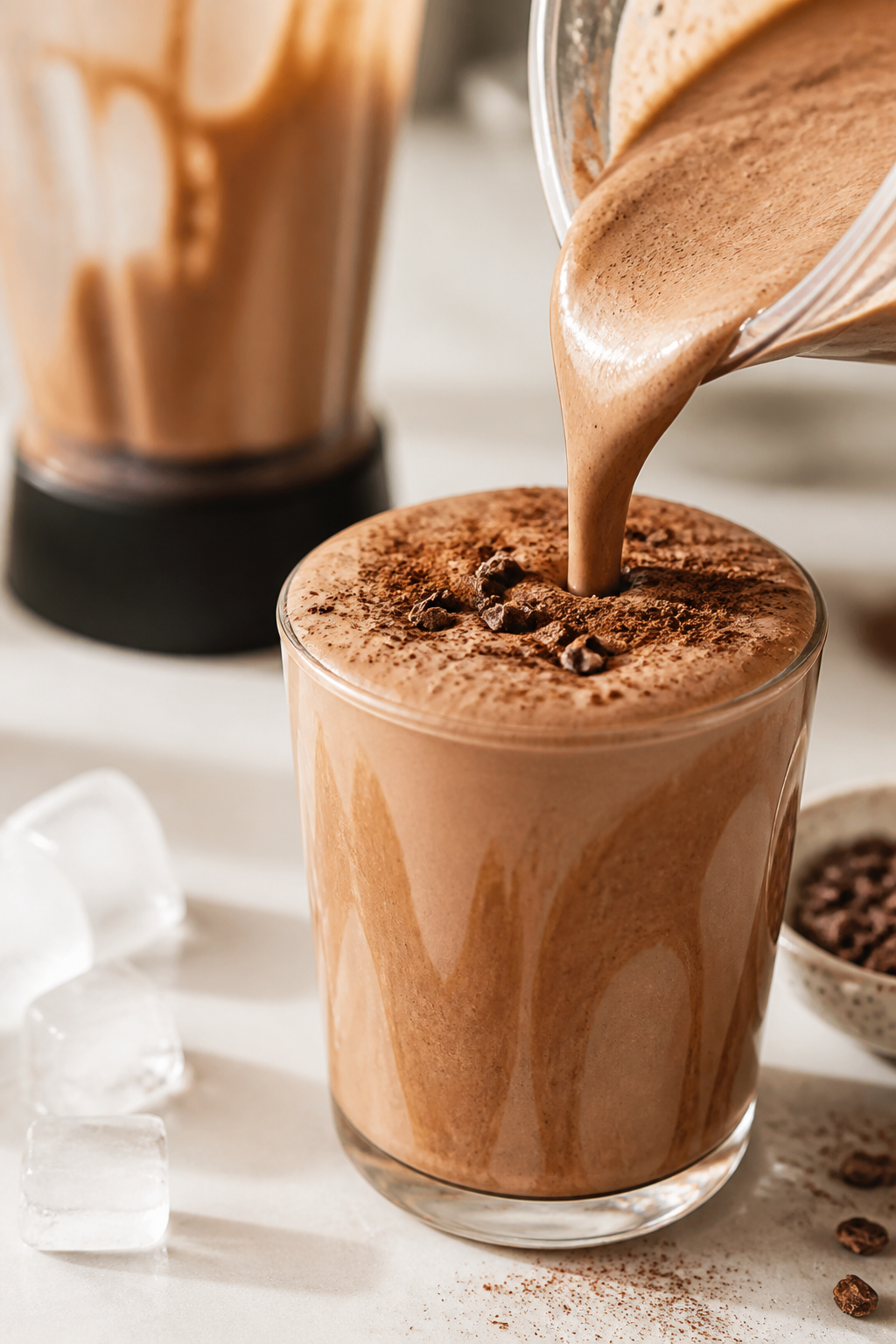 Close-up detail: A freshly blended mocha coffee protein smoothie being poured into a chilled clear g