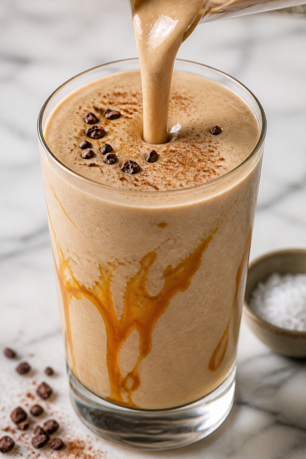 Close-up detail: A freshly blended salted caramel protein smoothie being poured in a silky ribbon in