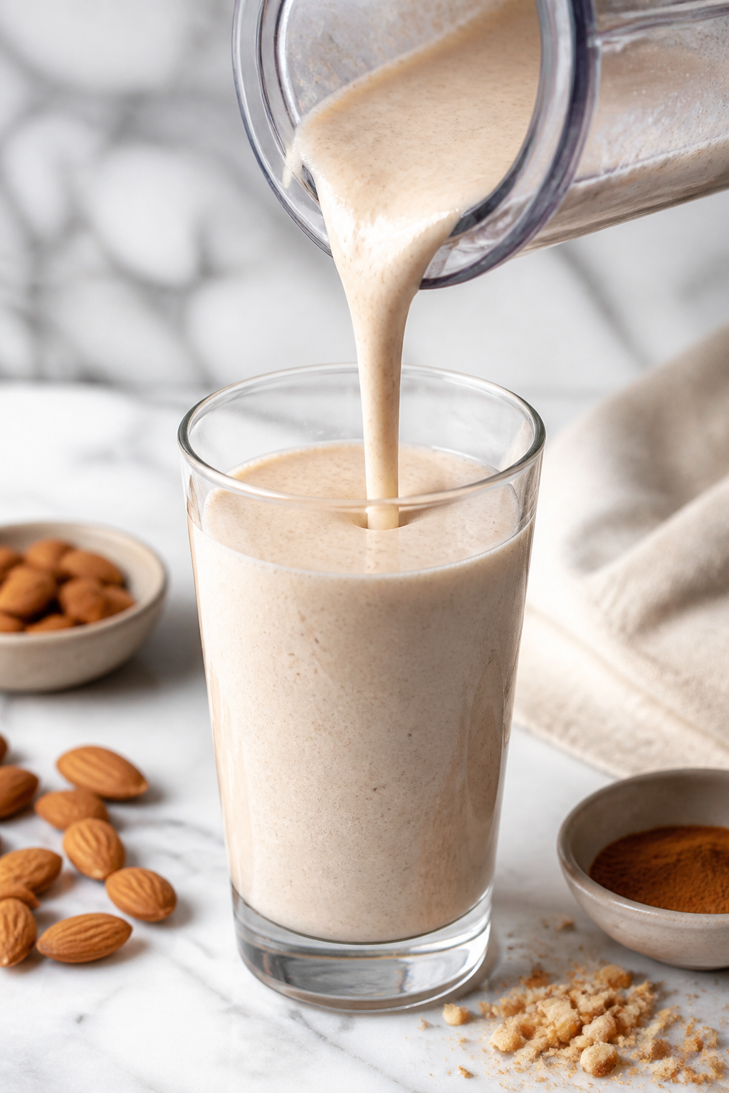 Close-up detail: A freshly blended Vanilla Almond Protein Shake being poured from a frosty blender i