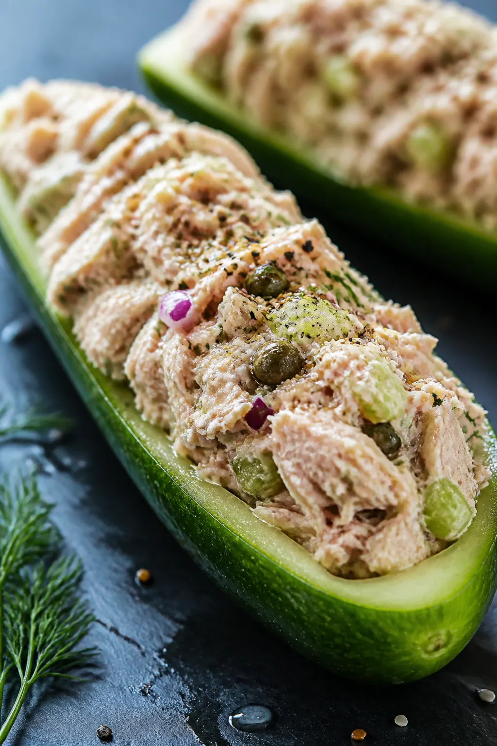 Close-up detail: A freshly filled tuna cucumber boat, cucumber “boat” hollowed and patted dry, n