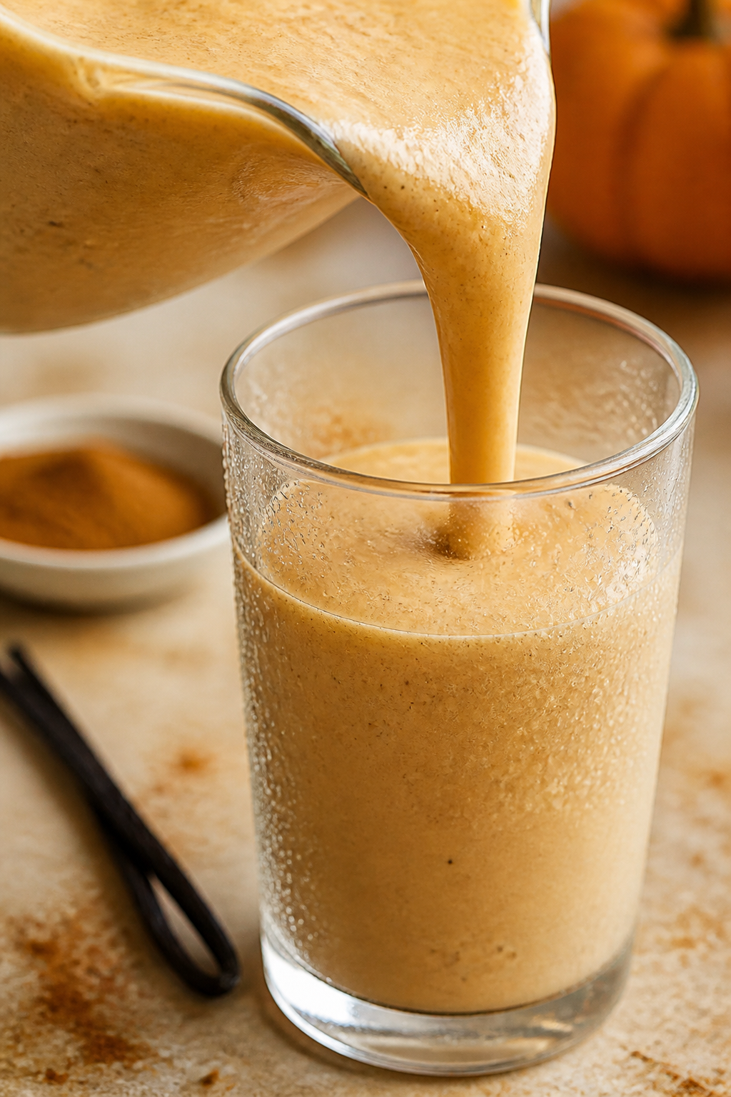 Close-up detail: A frosty Pumpkin Pie Protein Smoothie mid-pour into a chilled clear glass, showing