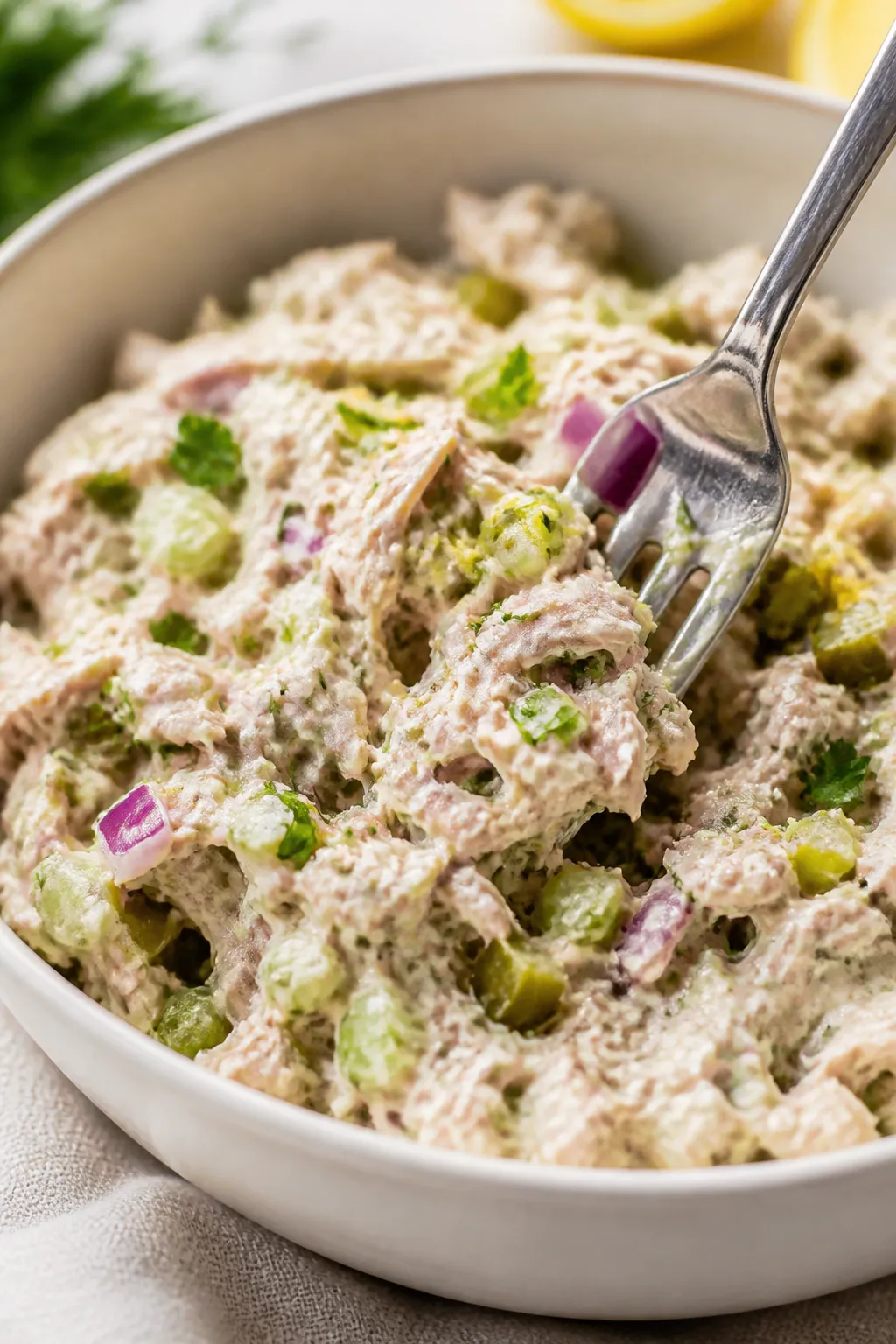 Close-up detail: A generous scoop of creamy tuna salad being folded gently with a fork in a ceramic 